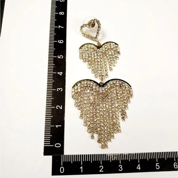 Brand New Gold Rhinestone Double Hearts Earrings - Picture 4 of 5